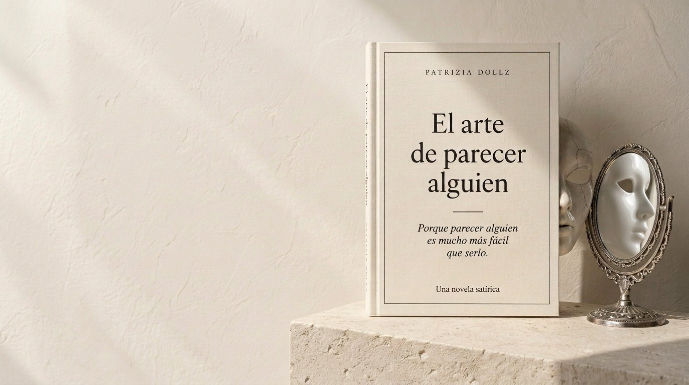 El arte de parecer alguien, sobre travertino: una máscara agrietada tras el libro y su reflejo intacto en un espejo antiguo